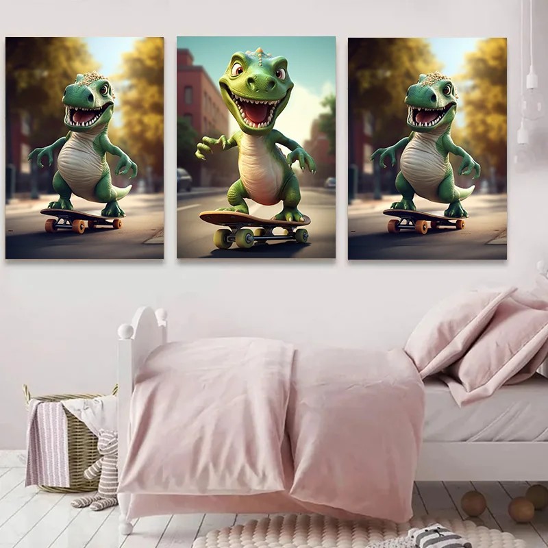 Green Little Dinosaur Decoration Bed Room Decor Happy Smile Pittura Decorativa Per La Camera Da Letto Skateboarding Dipinti Interni