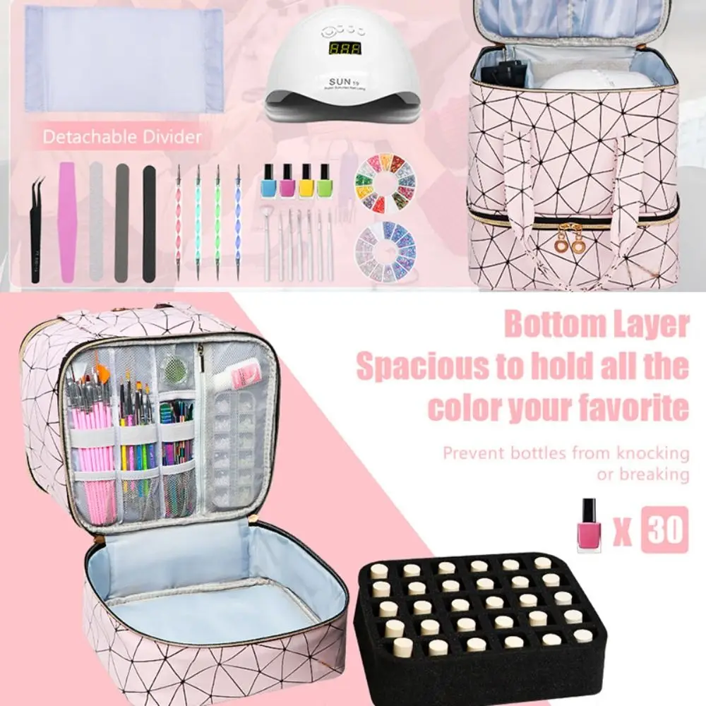 30 Grids Nail Organizer Makeup Bag Cosmetic Manicure Case Professional Double Layer Design Nail Polish Gel Handbag with Handle 2