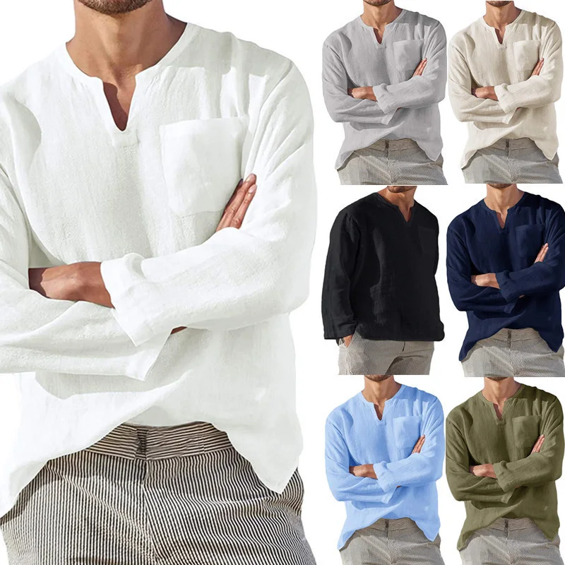 

Men Linen Shirts Breathable 7 Solid Color Long Sleeve Split Neck Terylene Beach Fashion Cool Casual New Vacation Clothes