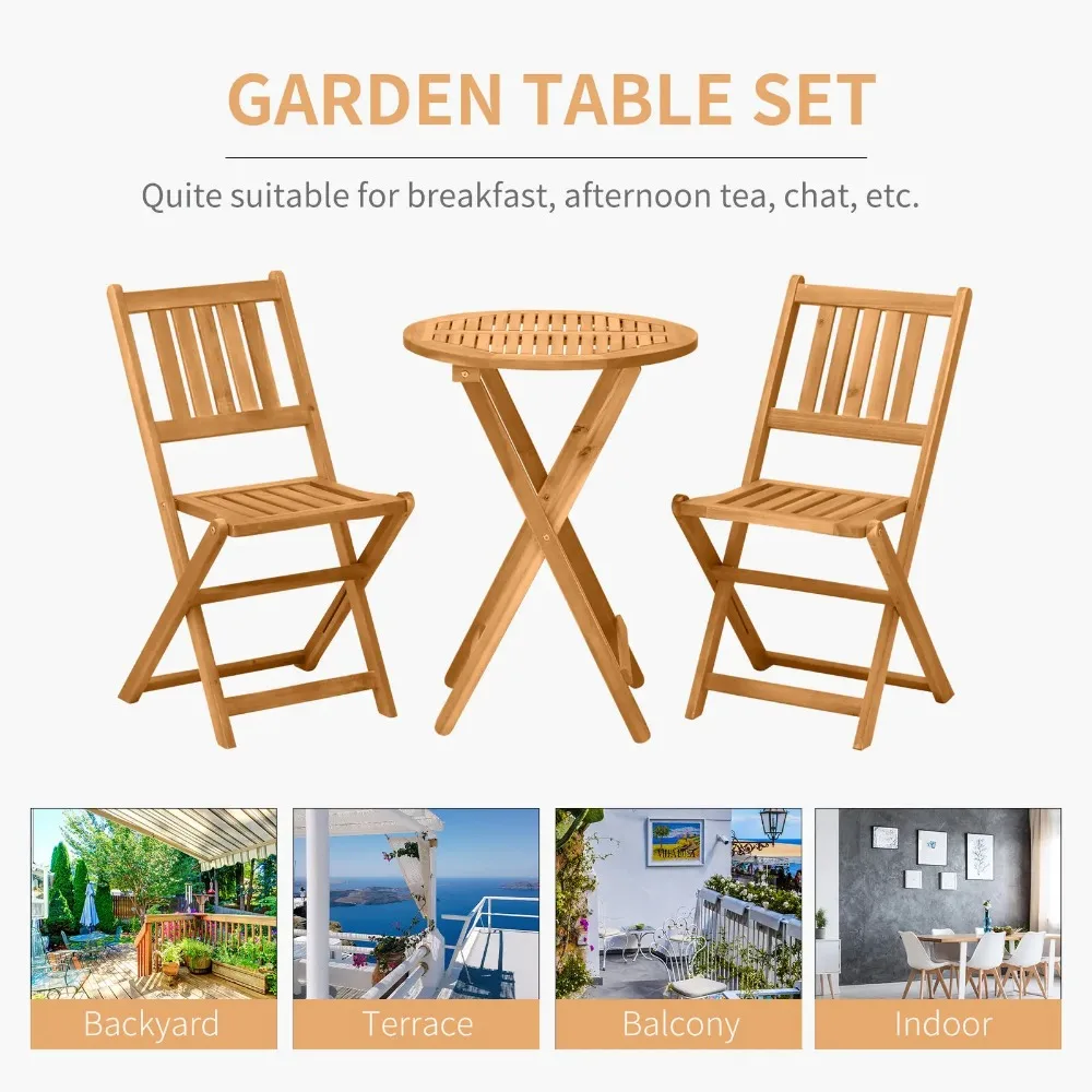 3 Piece Folding Acacia Wood Outdoor Patio Bistro Table and Chair Set 4