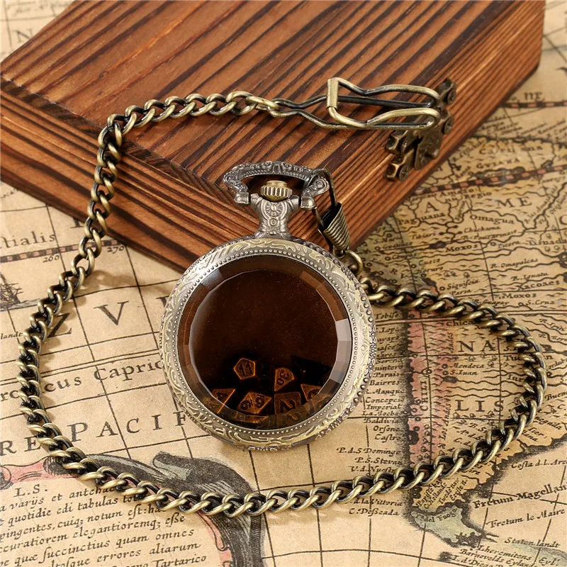 Steampunk 7Pcs/set Metal Polyhedral Dices Role Play Gaming Dice with Transparent Pocket Watch Case Pendant Chain Gaming Gift