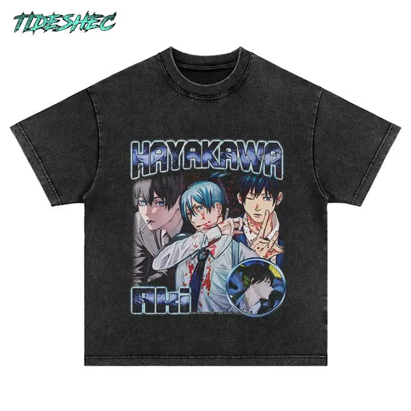 

Japanese Anime Personality Hip Hop T-shirt Harajuku Wash 2024 Retro T-shirt Blue Hair Men American Street Clothing Cartoon Print