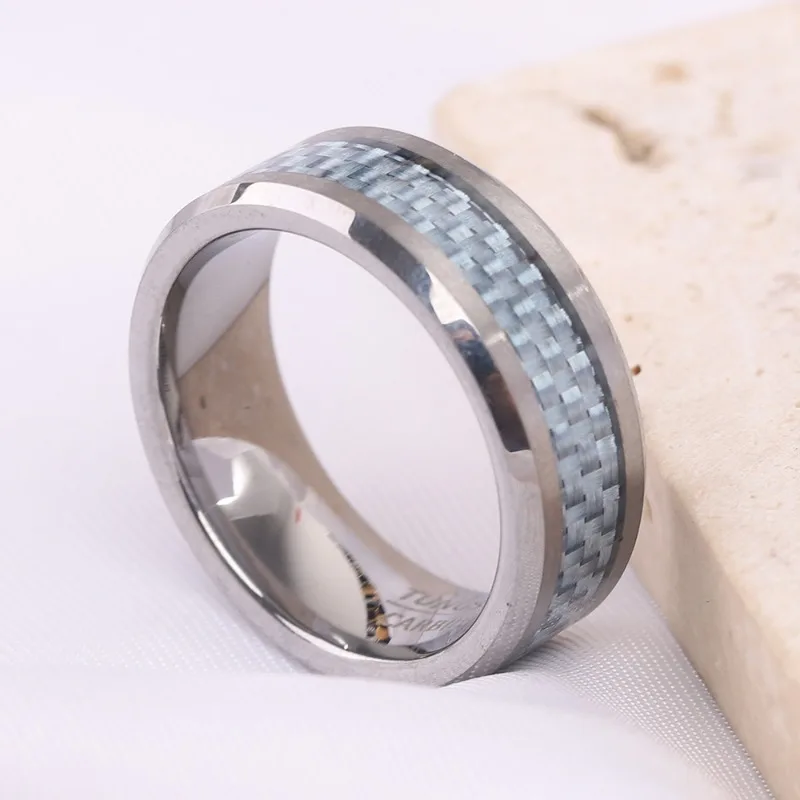 Somen 8mm Black Tungsten Carbide Rings Wedding Band For Men Blue Carbon Fiber Inlay Beveled Edge Polished Jewelry Men's Ring 3