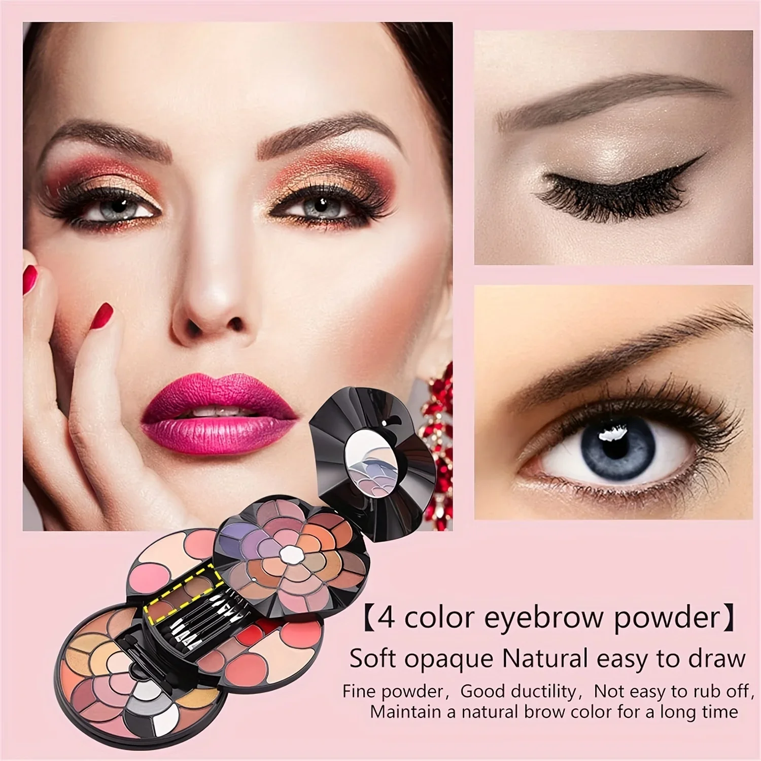 57-Color Petal Makeup Palette with 43 Eyeshadows 4 Eyebrow Powders&Blush&Lipstick And 2 Pressed Powders - All-In-One Beauty Kit