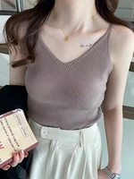 Korea Summer Tops 2026 New Solid V-Neck Elastic Knitted Suspender Camis Women's Tanks Clothing Basics Shirt