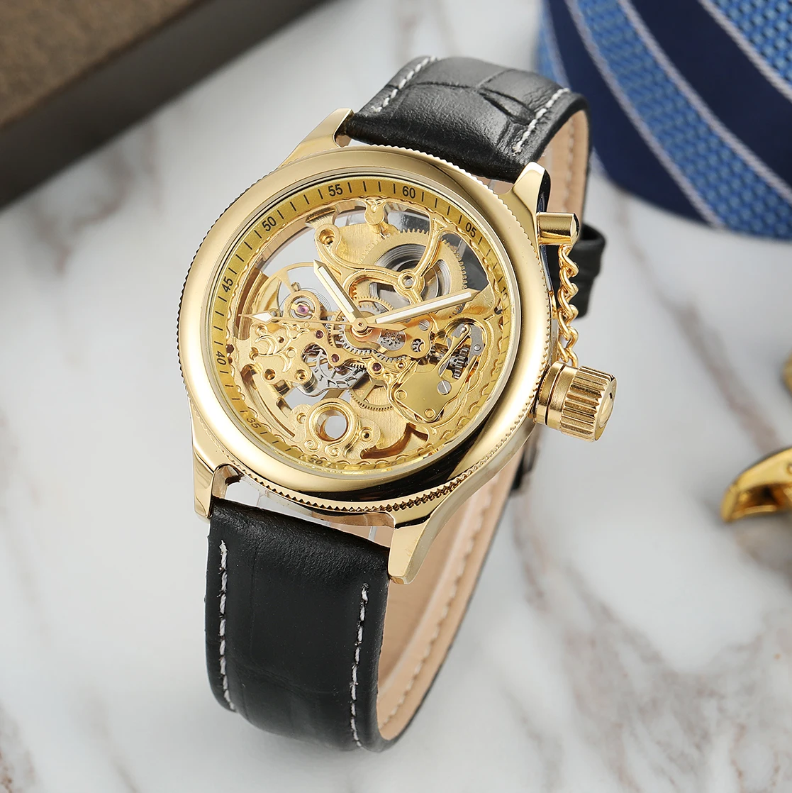 FORSINING Orologio da uomo di lusso con catena e corona, in acciaio dorato, con movimento meccanico automatico, impermeabile, da uomo_voghion.com