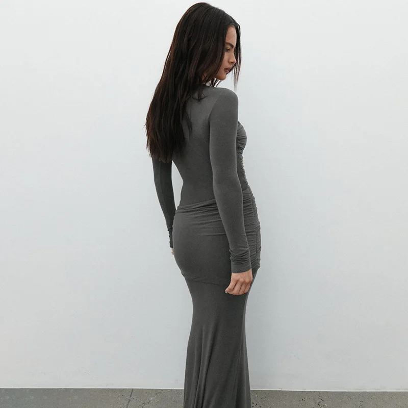 Fashion Mesh Patchwork Maxi Dress Women's Pleated Skinny High Waist Slim See-Through Solid Party Dress Female Long Dress
