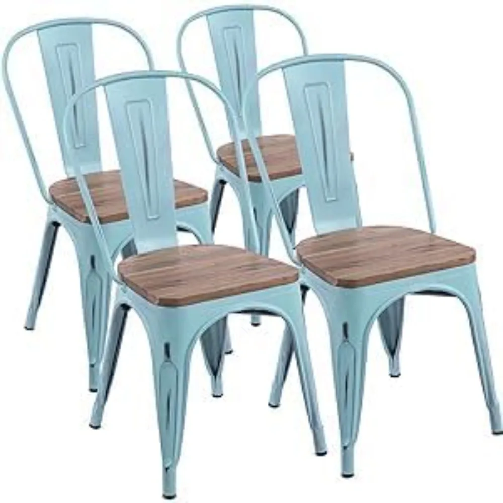 Metal Chairs with Wooden Seat Modern Industrial Distressed Indoor Outdoor Metal Kitchen Dining Room Chairs Set of 4
