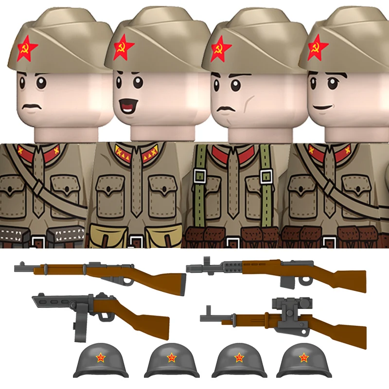 Militär WW2 Sowjet M35 Uniform Figuren Bausteine Russland Armee Infanterie Boot Hut Stahl Helm PPS Waffen Ziegel Spielzeug Kinder