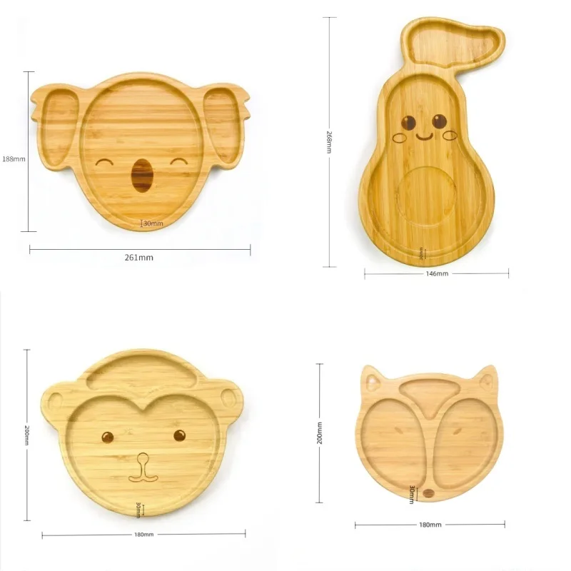 

Eco-friendly Koala Avocado Fox Animal Bamboo Suction Cup High Quality Natural Bamboo Children's Plate Set Spoon Fork Cutlery