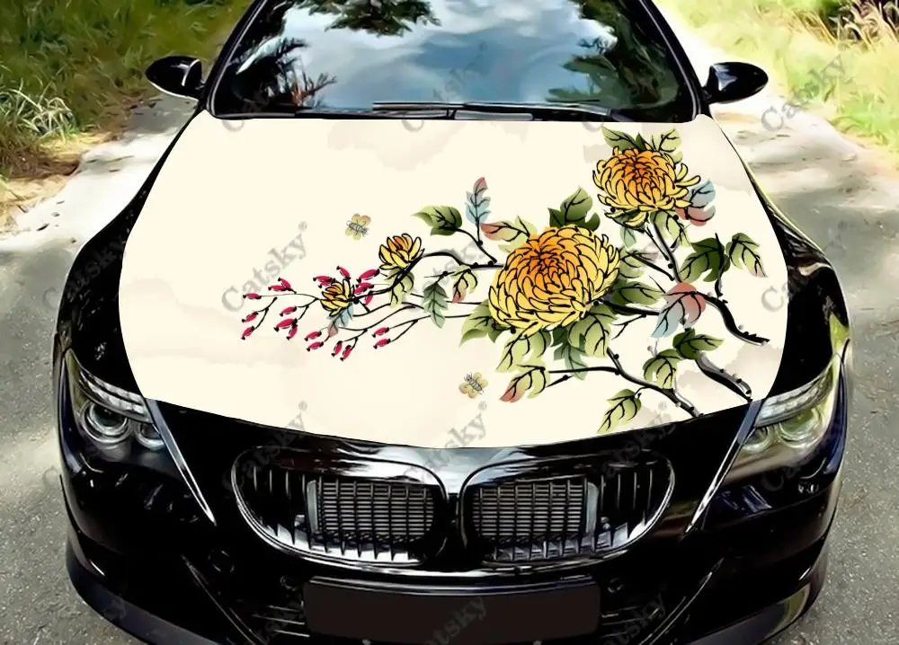

Artistic Ink Flower Print Car Hood Vinyl Sticker Wrap Film Engine Cover Decal Protect Sticker Car Accessories Decoration Gift