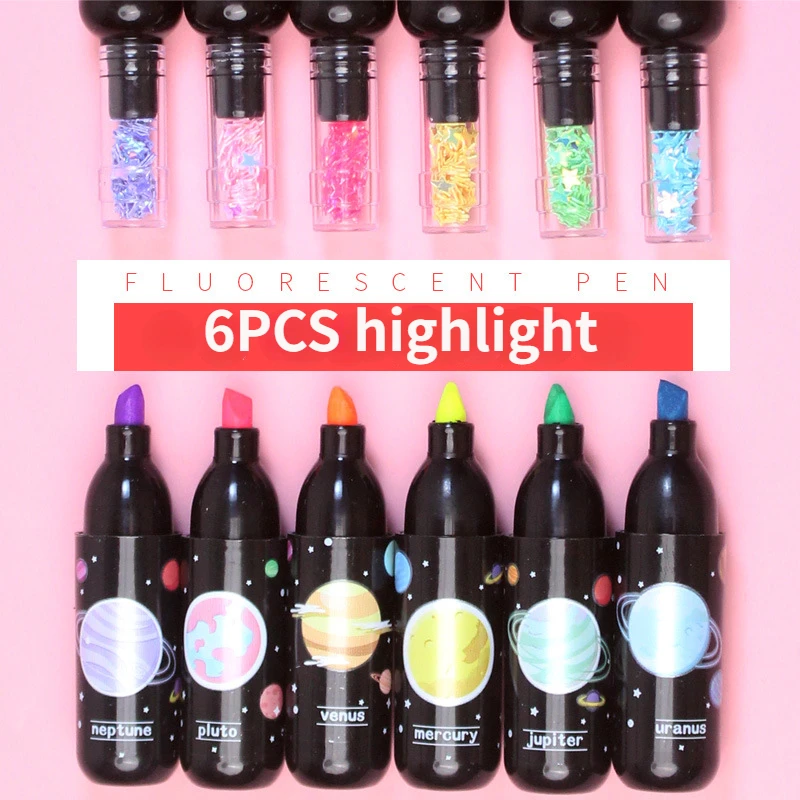 Highlighter Pen Highlighter Marker 6pcs/Set Wine Bottle Styling Planet Stationery Marker Pen Writing Painting Doodle Pen Multicolor Fluorescent
