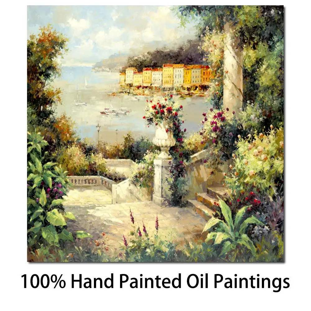 

Hand Painted Canvas Art Mediterranean Seascape Oil Painting Italian Landscape Garden View Romantic Modern Artwork Wall Decor