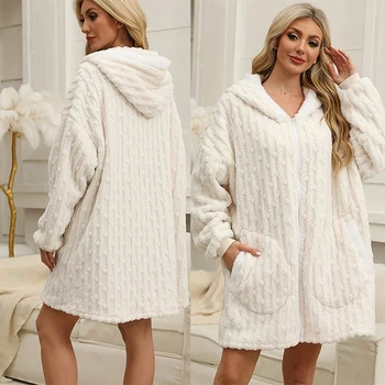 Autumn Winter Warm Flannel Nightgown Zipper Hooded Coral Fleece Sleepwear Bathrobe Gown Short Home Dress Loose Blanket Pajamas