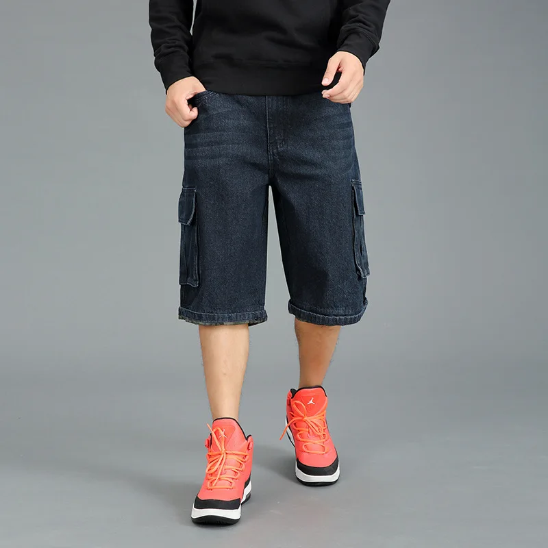 Plus Size Men's Hip-Hop Wide-Leg Jeans Summer Loose Denim Shorts Multi-pocket Baggy Denim Cropped Pants Men