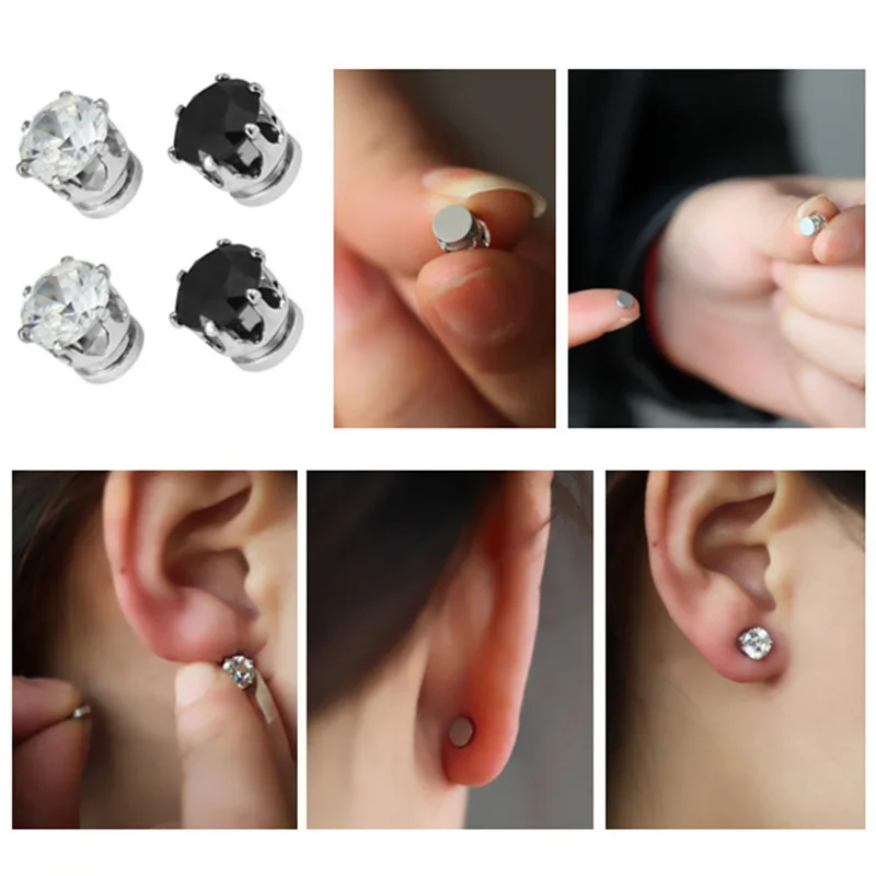 White Black Magnetic Magnet Ear Stud Easy Use Crystal Stone Stud Earrings For Women Men Earrings Clip On No Ear Hole Gift 1 Pair 2