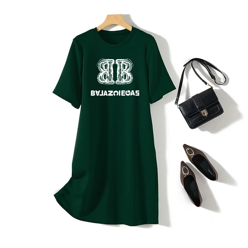 Women Clothing Letter Printed Short Sleeve Dresses Summer O-neck Fashion Tunic Straight Loose Casual Pullover Dress 2