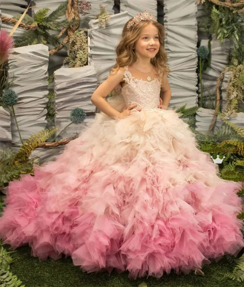 

Princess Ball Gown Flower Girl Dress Beaded Ivory Lace Pink Tulle Ruffle Sheer Neck Girls Pageant Gown Birthday Dress