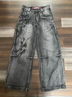 Jean pour hommes Y2K Vintage Streetwear Noir Gris Pantalon en jean à jambes larges Imprimé abstrait Délavé Coupe ample Mode punk foncé 3