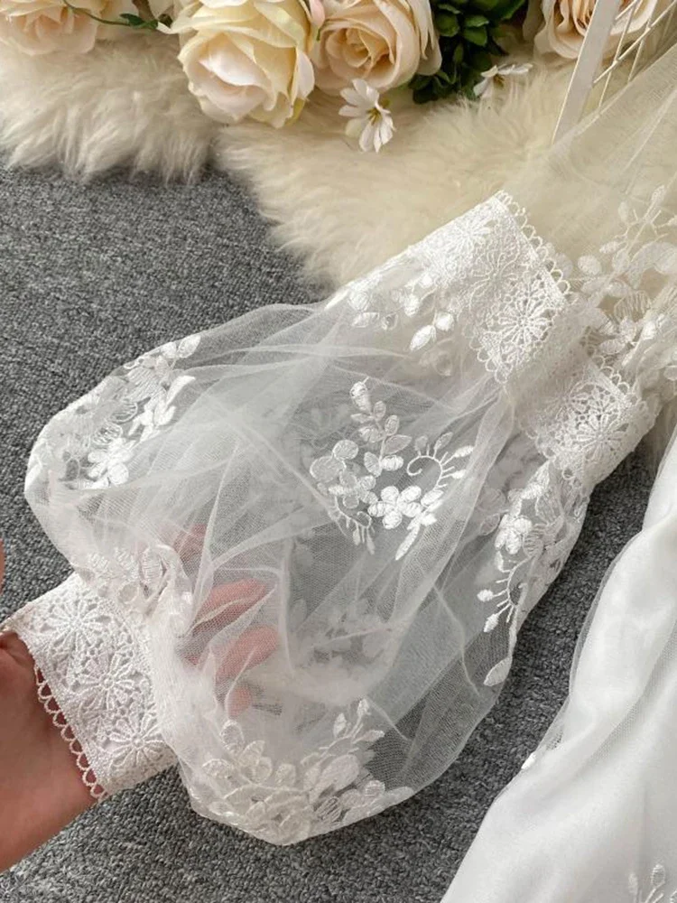 Women French Mesh Lace Blouse Stand Collar Three-dimensional Embroidered Puff Sleeves Court Style Slim Shirt Female Blusa PL610