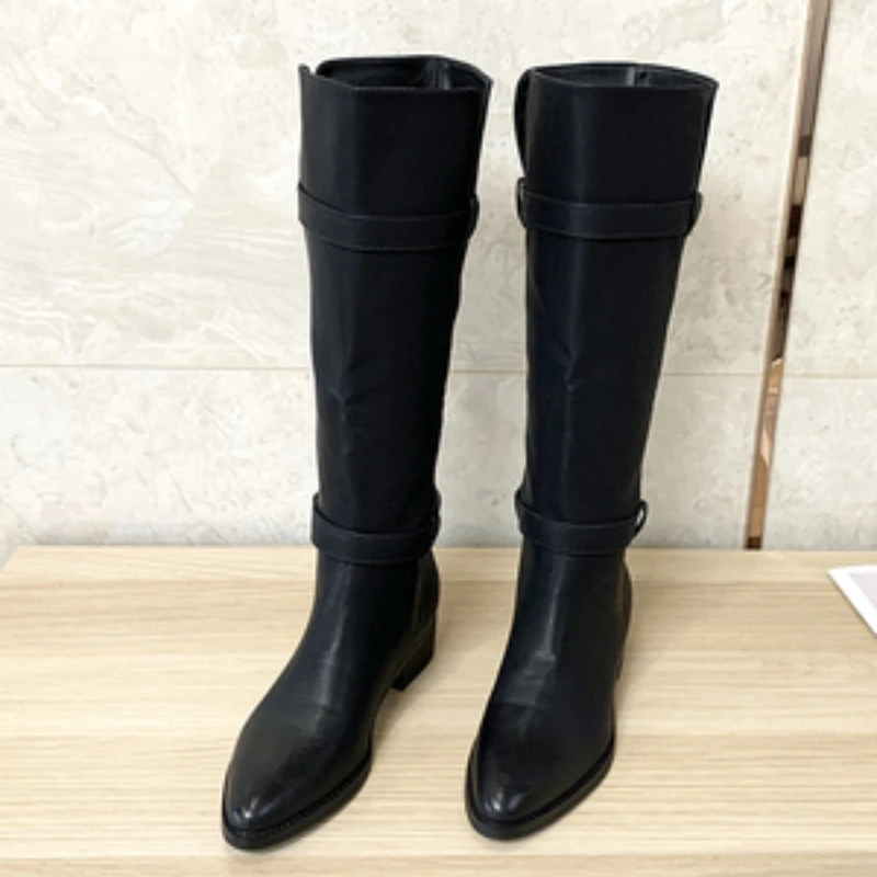 

Brown Knee High Knight Boots Leather Back Zipper Belt Buckle Women Botas Long Tube Ladies Shoes Chunky Heels Sapatos Feminino