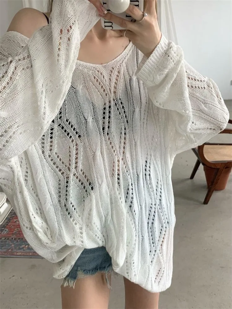 TAVIMART - Hollow Out Knitted Slim Long Sleeve Tee Women, Autumn Y2K Preppy Scoop Neck Beige Top