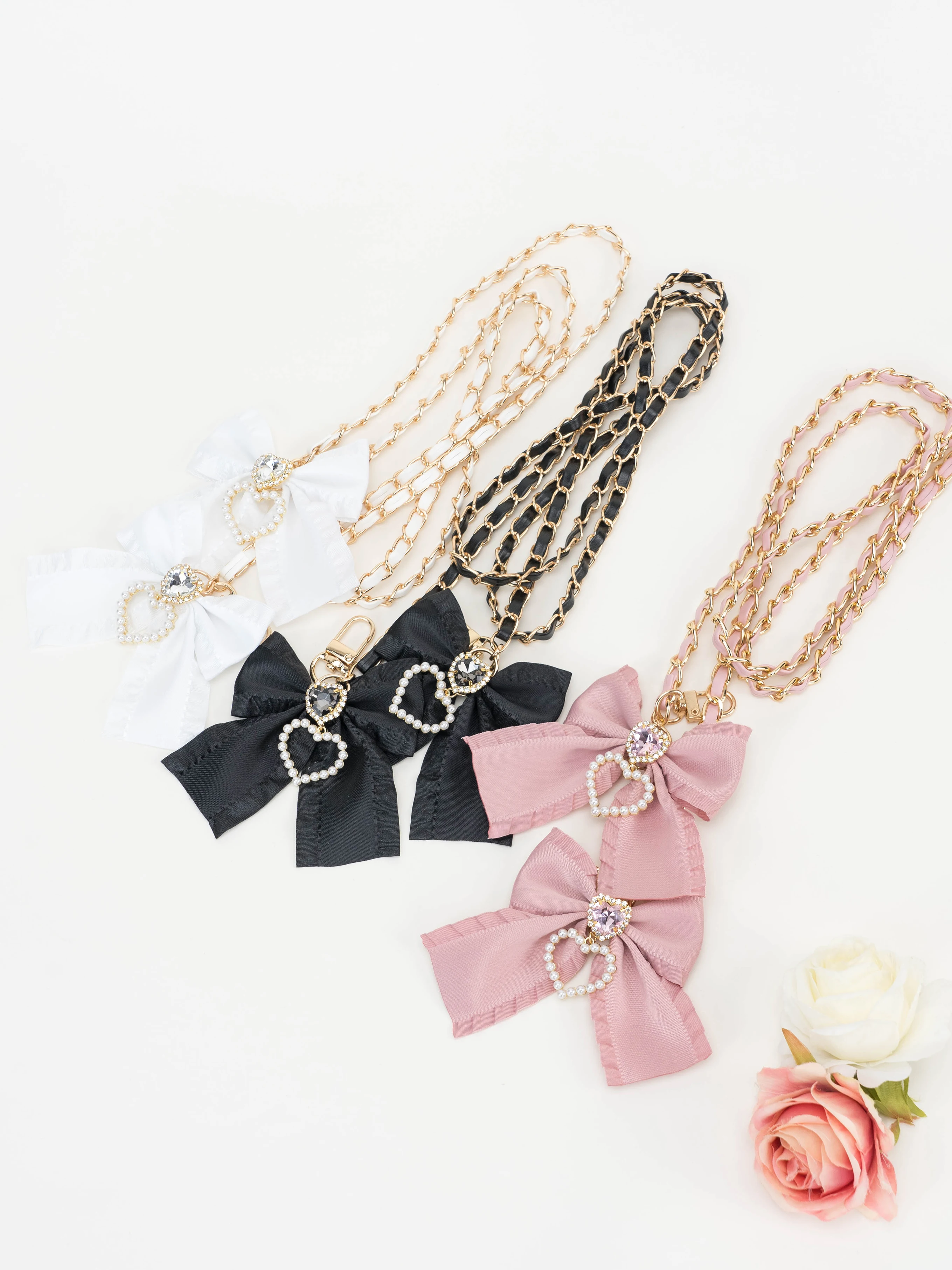 Japanese Fashion High-End Women's Bow Chain Mobile Phone Charm Card Bag Strap Accessories Sweet Cute Diamonds Pearl Metal Chain