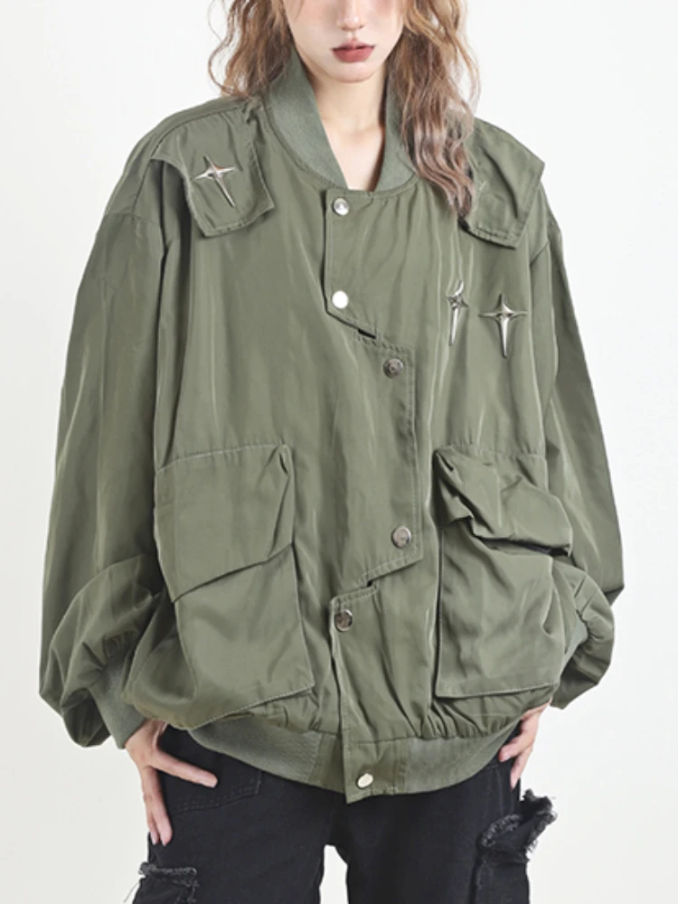 

Осенняя Зеленая уличная одежда, винтажная куртка для женщин, модное дизайнерское Свободное пальто с карманами, женское корейское повседневное пальто с длинным рукавом, 2023