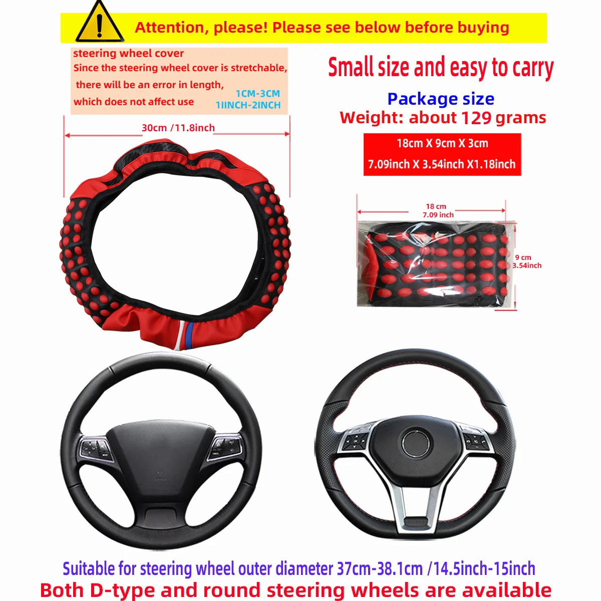 Steering Wheel Cover Automotive Carbon Silicone Massage Pellet Leather Steering Wheel Cover without Inner Ring Fits 14.5-15 Inches