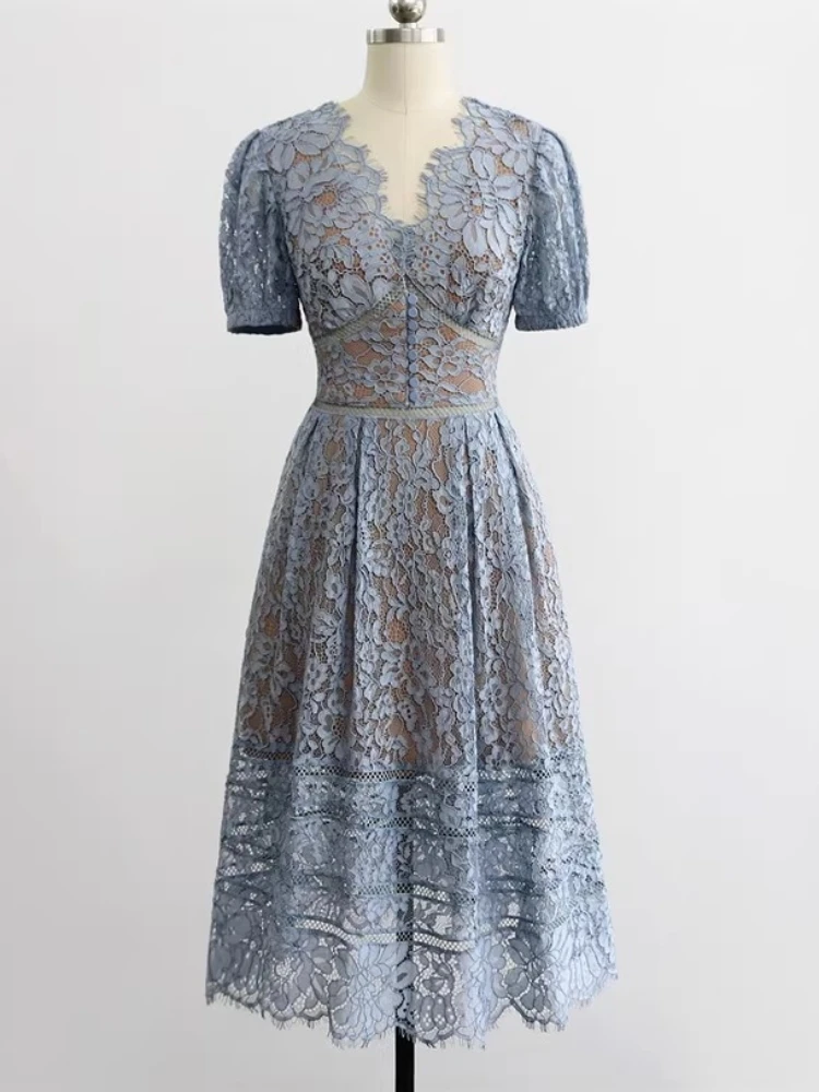 knee length dresses for ladies Blue Fine Lace Midi Dress – self-portrait-US main image 0