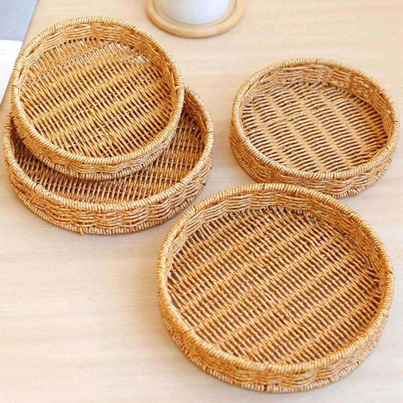 Round Rattan Fruit Basket Bowls Natural Wicker Boho Woven Storage Baskets Bread Tray for Kitchen Coffee Table Farmhouse 5