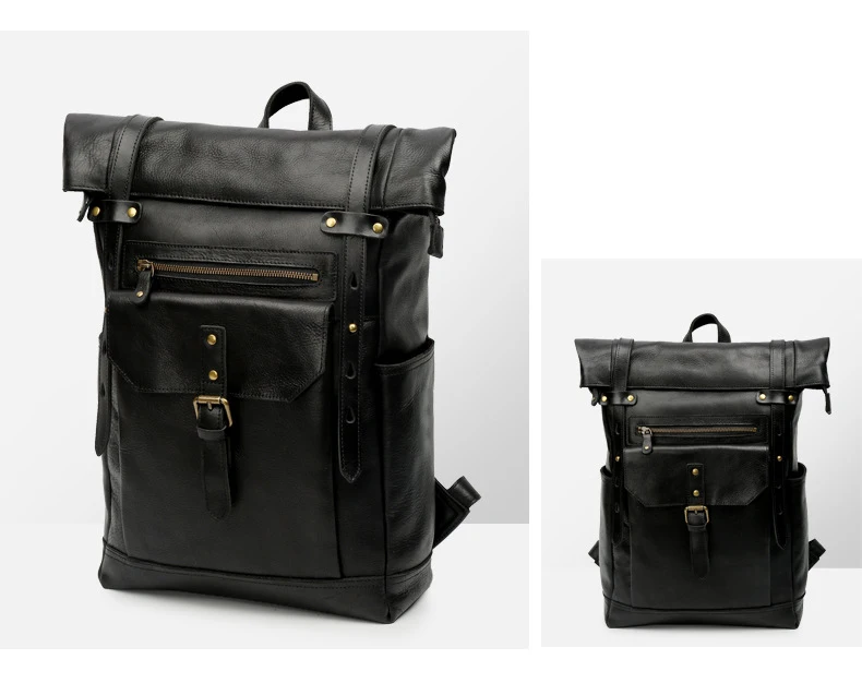 Leather Roll Top Backpack With Pockets