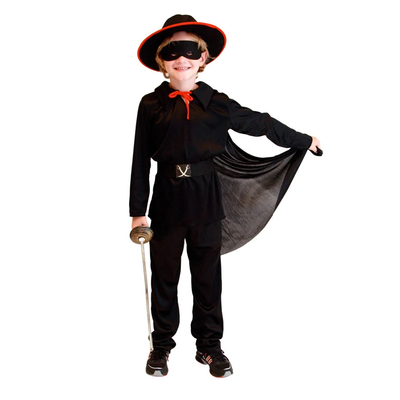Boys Zorro Costumes Alain Delon R.I.P Movie Character Swordman Cosplay Suit Outfits with Black Cloak Headwear Eye Patch