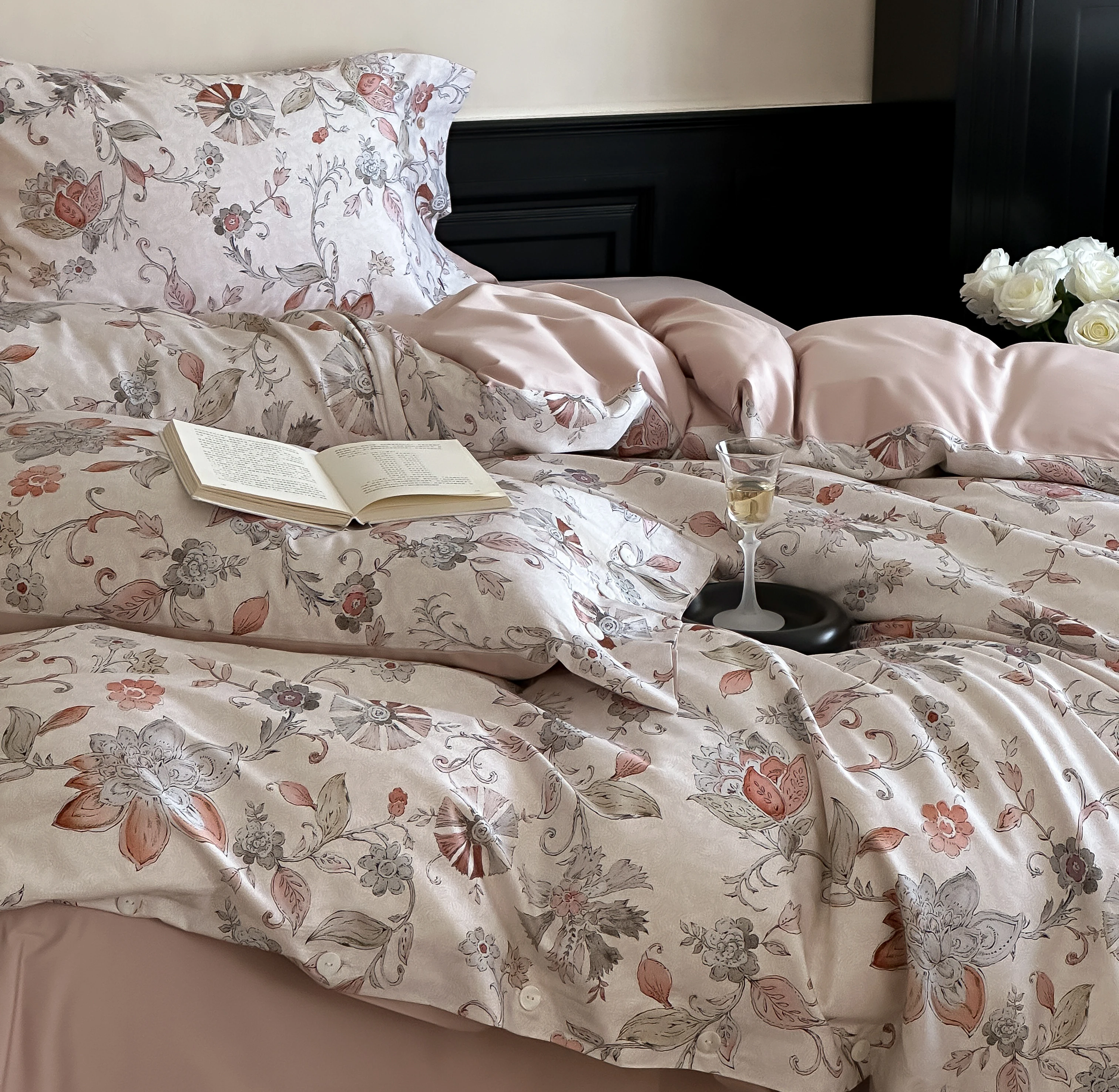 100% Cotton French Vintage Floral Duvet Cover Set Romantic Pastoral Bedding Set Elegant Rose Bed Linen King Queen Size 4Pcs 4