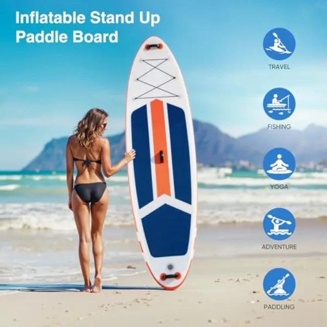 Inflatable Stand Up Paddle Board for outdoor water sports, PVC + drop-stitch material, blue-gray color, wide stable design with