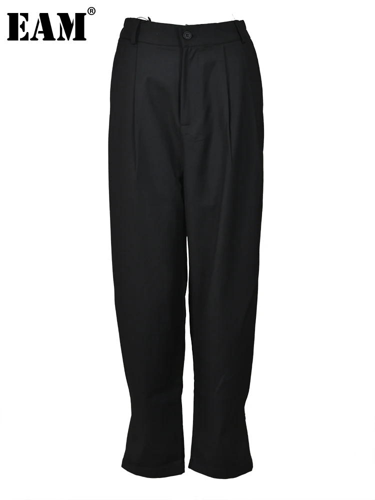 

[EAM] High Elastic Waist Black Pleated Wide Leg Long Pants New Loose Fit Trousers Women Fashion Tide Spring Autumn 2024 1DH1485