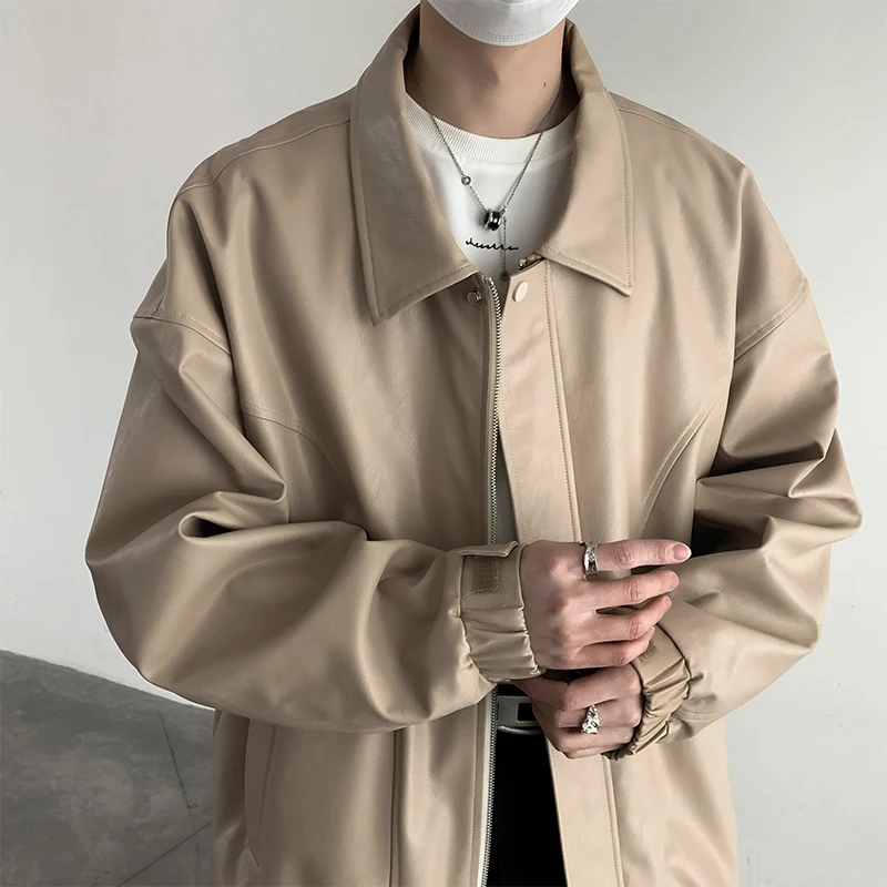 korean fashion Men's black leather jacket, loose lapel bomber jacket, motorcycle jacket, personalized designer men clothing