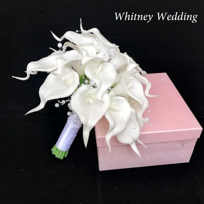 White Calla Lilies Bridal Silk Wedding Bouquet Natural Touch Pearls Bridesmaid Flower Mariage Ramo De Novia