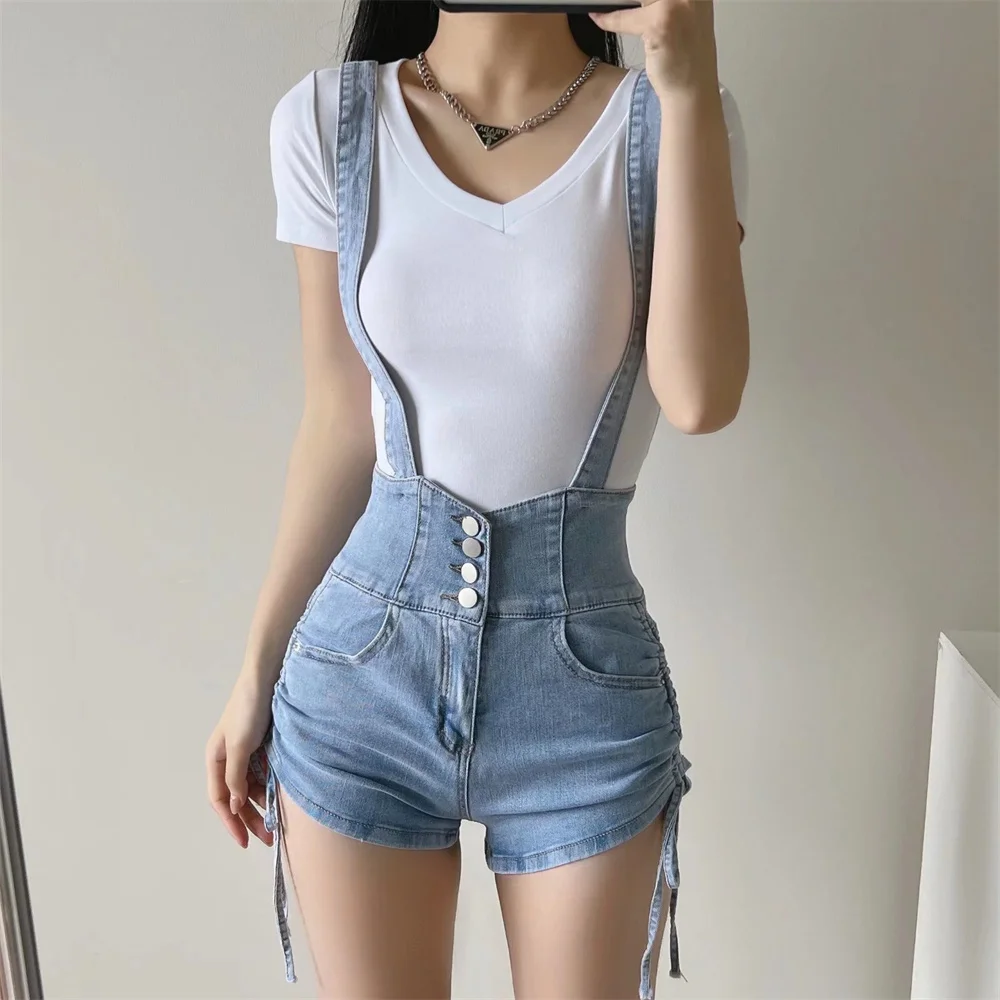 

Summer new street high waist detachable strap button shorts women's solid color high waist drawstring strap denim shorts women