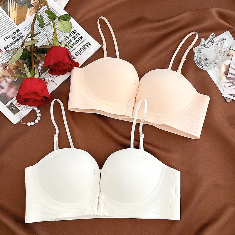 Front Closure Push Up Bras Women's Sexy Seamless Plunge No Steel Brassiere Thick Female Underwear Solid Color Invisible Lingerie 2