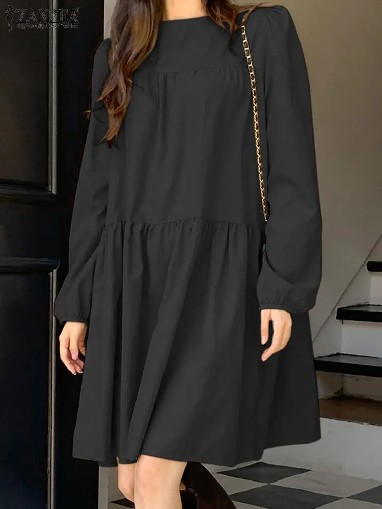 

Модель 2024 года, Элегантное повседневное платье ZANZEA до колена для работы, корейская мода, женский весенний сарафан с круглым вырезом и длинным рукавом, однотонное свободное платье