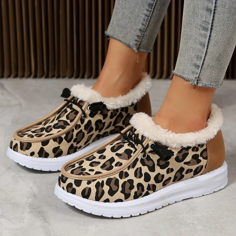 Leopard Print Cotton Shoes Women's Winter Flat Bottom Round Toe Snow Boots Lightweight Large Size Shoes Botas De Invierno Mujer
