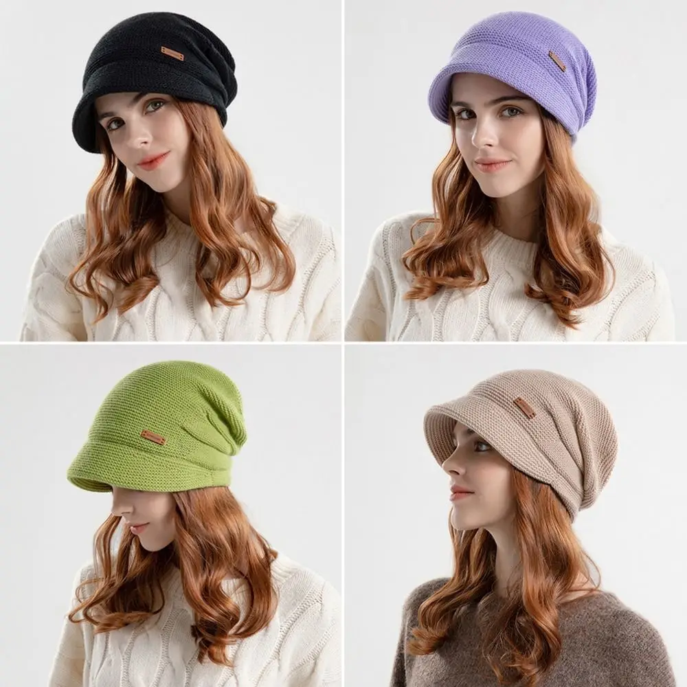 Fleece Lined Knitted Hat Casual Soft Plush Thickened Ear Protection Short Brim Windproof Bonnet Women Girl