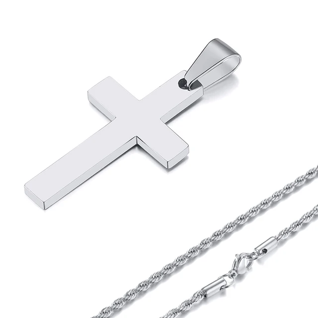 Plain stainless steel cross pendant with rope chain