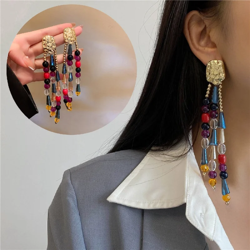 

Colorful Crystal Tassel Earrings Femininity Ethnic Style Exaggerated Long Drop Bohemian