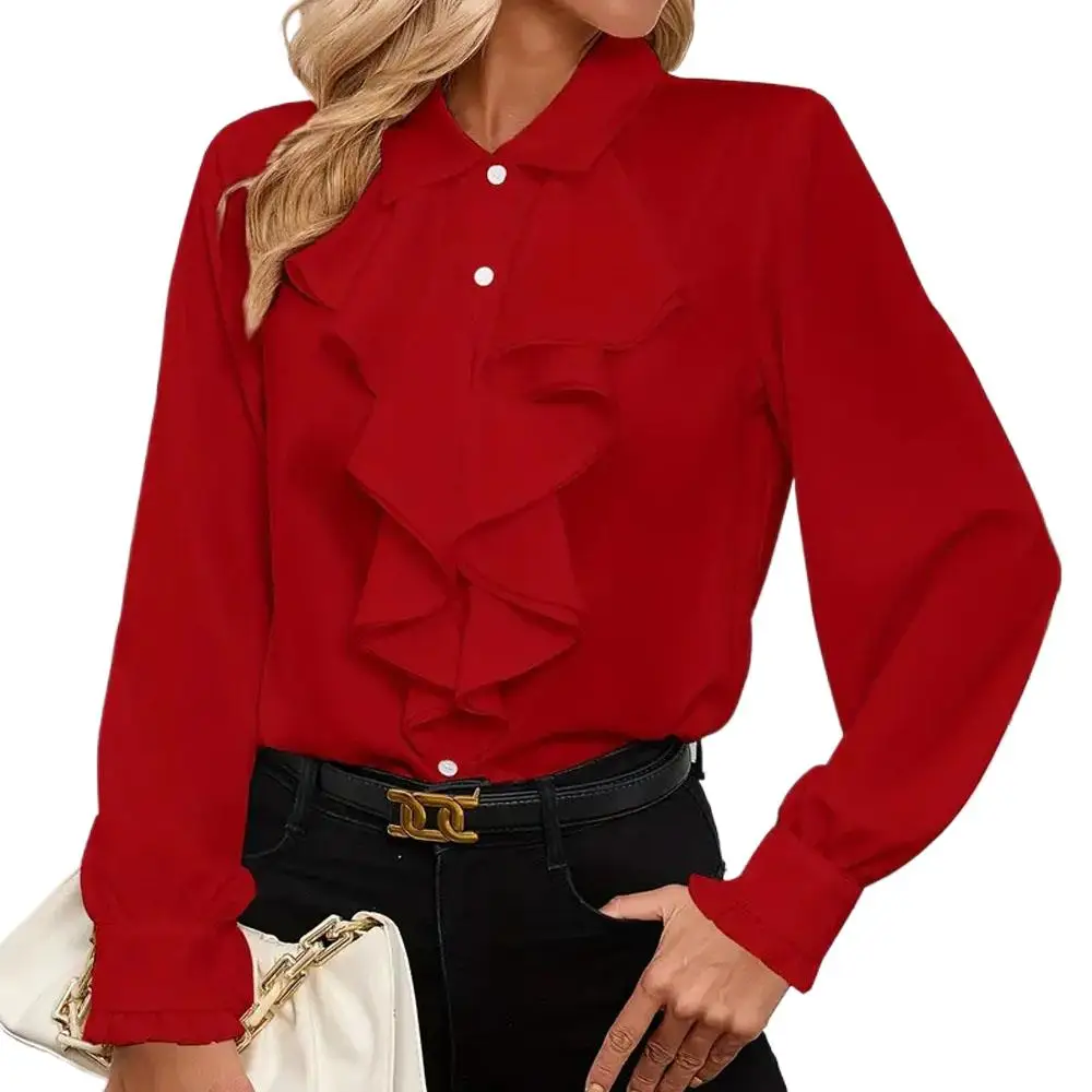 White Ruffle Long Sleeve Women Workwear Blouse