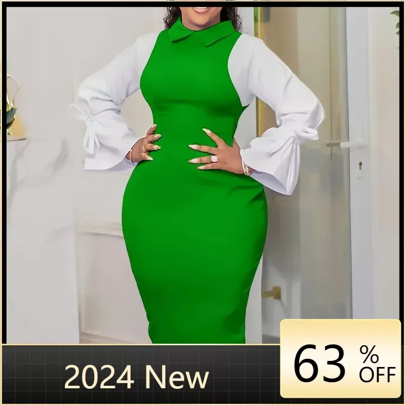 

Women Flare Long Sleeve Turn-down Collar Bodycon Midi Dress 2024 Winter OL Work Sexy Club Evening Party Dresses Vestidos