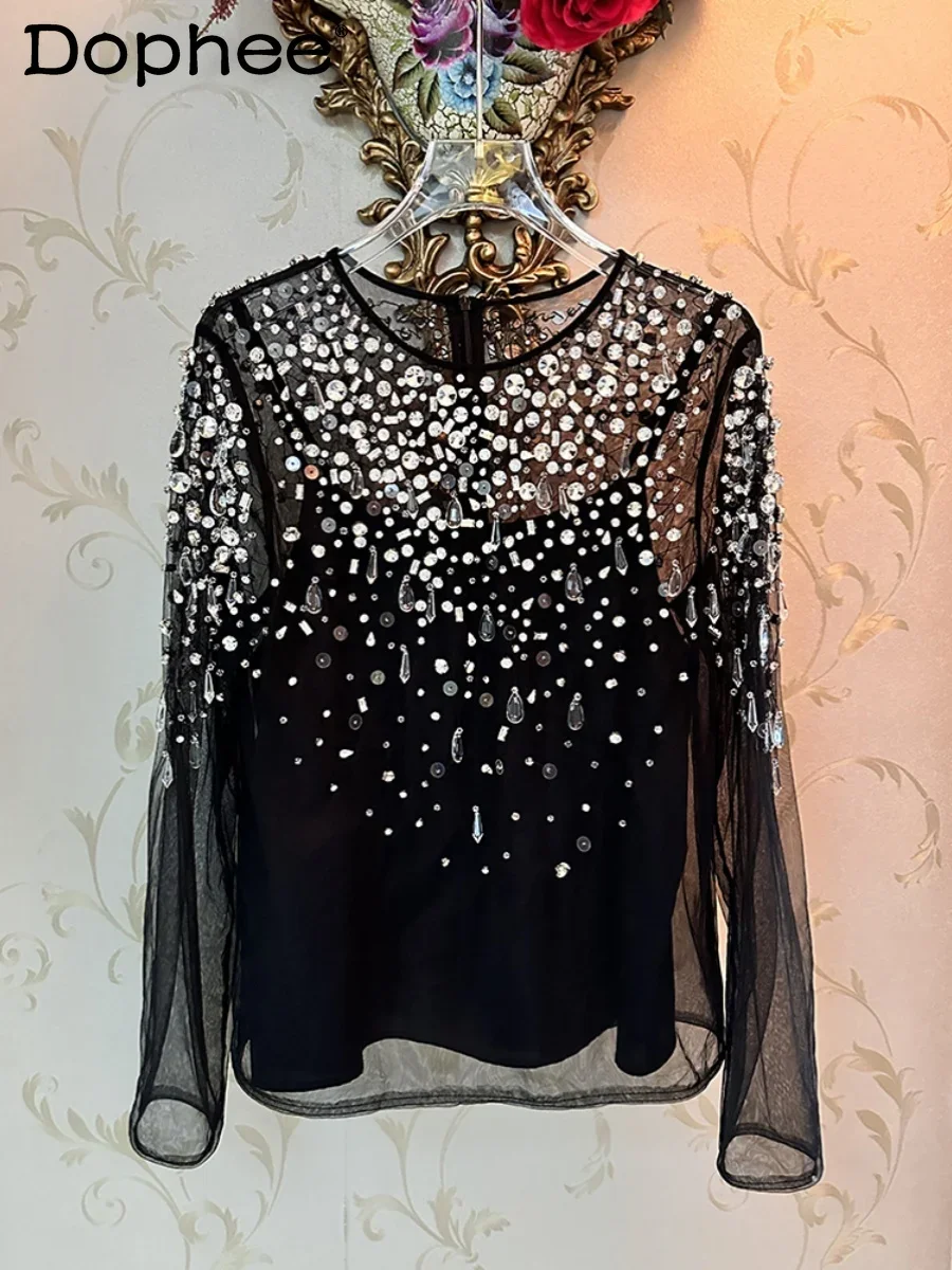 

French Handmade Embroidery Rhinestone Sexy See-through Top Women 2023 Autumn New Black Round Neck Long Sleeve Mesh Shirt Female
