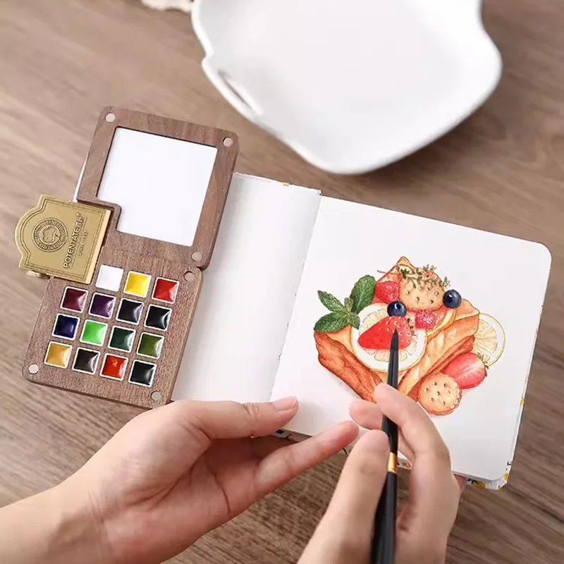 Walnut Empty Watercolor Paint Box Storage Mini Portable Wooden Professional Paint Palette Tray Art Painting Supplies