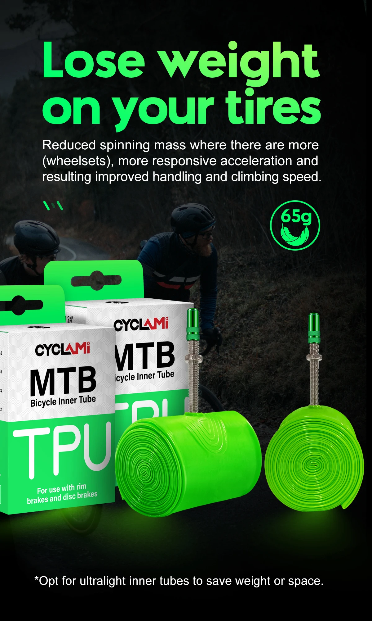 Description Picture 5 of itemCYCLAMI Ultralight Bike Inner Tube 26 27.5 29 Inches MTB Bicycle TPU Material Tire 45mm French Valve Super Light Anti-Oxidation